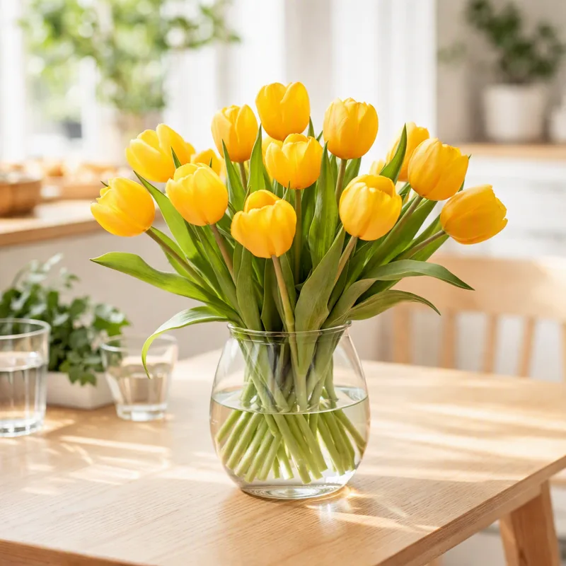 Tulipanes clásicos dispuestos en un ambiente hogareño